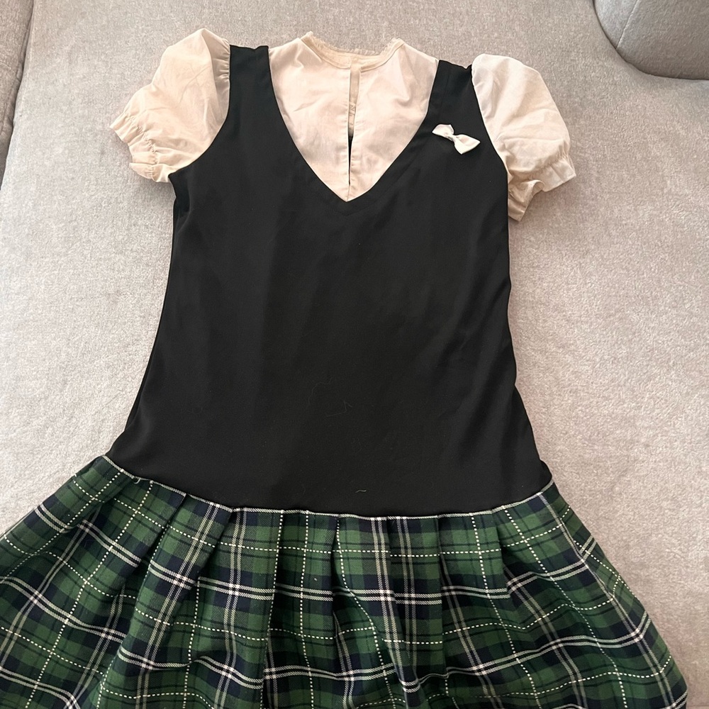 Black and Green Plaid Dress with Cream Top